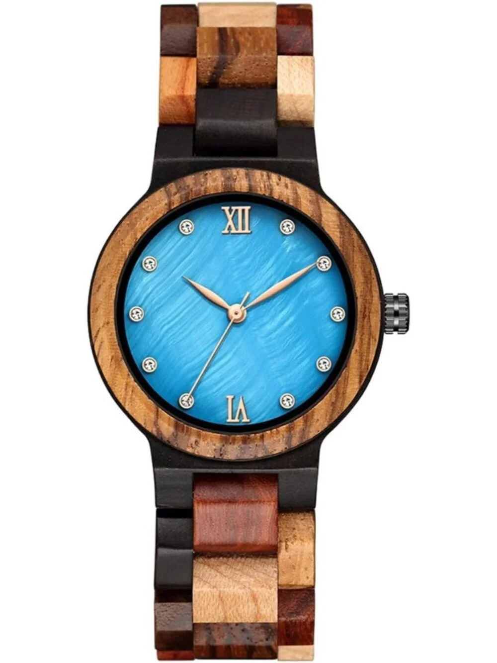 Women's Blue Analog Quartz Couples Colorful Bamboo Classic Design Wooden Watch